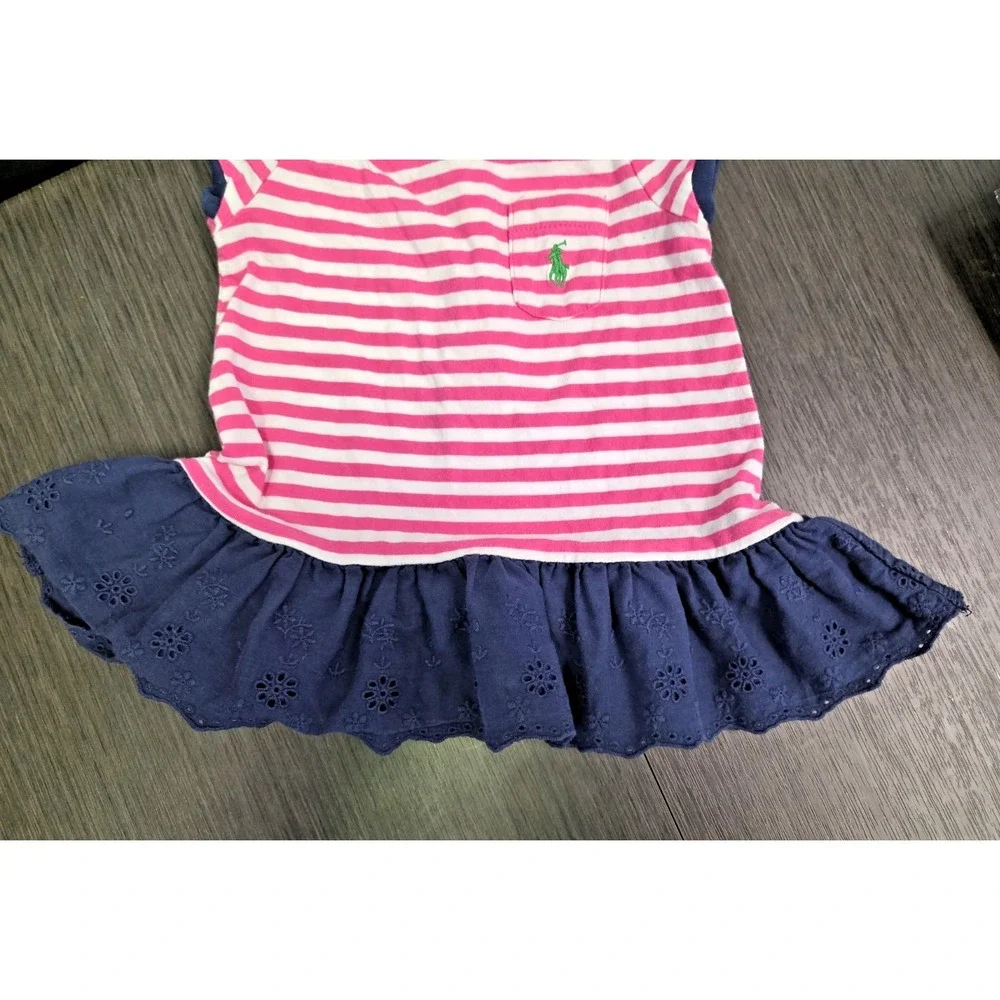 Ralph Lauren Baby Girl 3 months Pink Striped Dress Blue Eyelet‎ Peplum Hem Logo